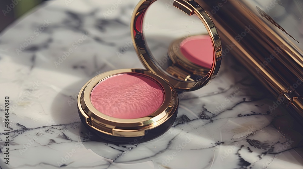 Poster A close-up of a compact blush case with a mirror, open and resting on a marble surface. Generative AI