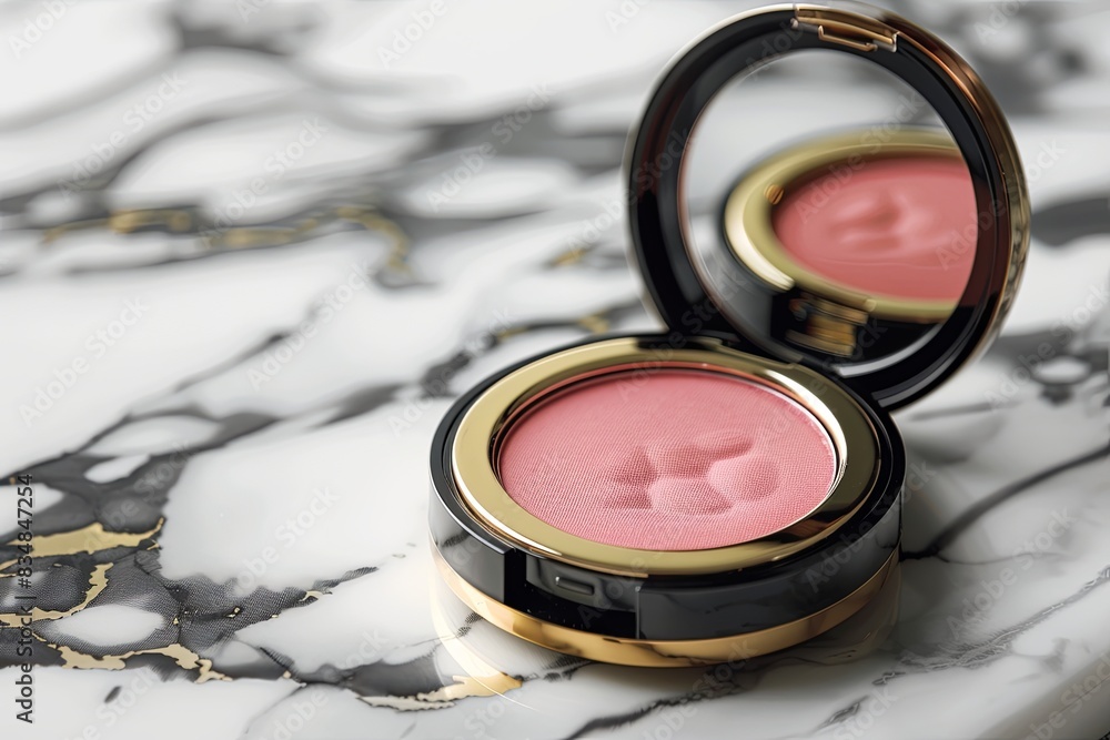 Poster a pink blush compact case with a mirror open, resting on a white marble surface. generative ai
