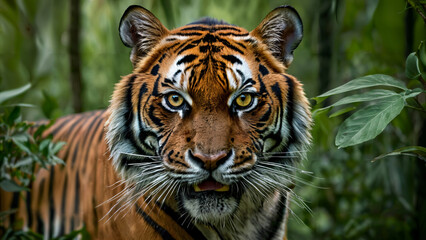 Fototapeta premium tiger portrait with intense stare in its natural jungle habitat