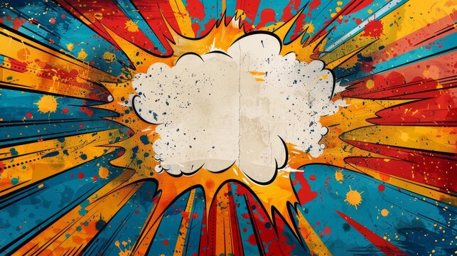 Superhero themed birthday card, comic book explosion, vibrant speech bubble for party details