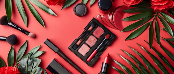 Travelfriendly makeup flat lay, onthego beauty essentials, including compact palettes, lipsticks, and brushes, perfectly curated for beauty enthusiasts