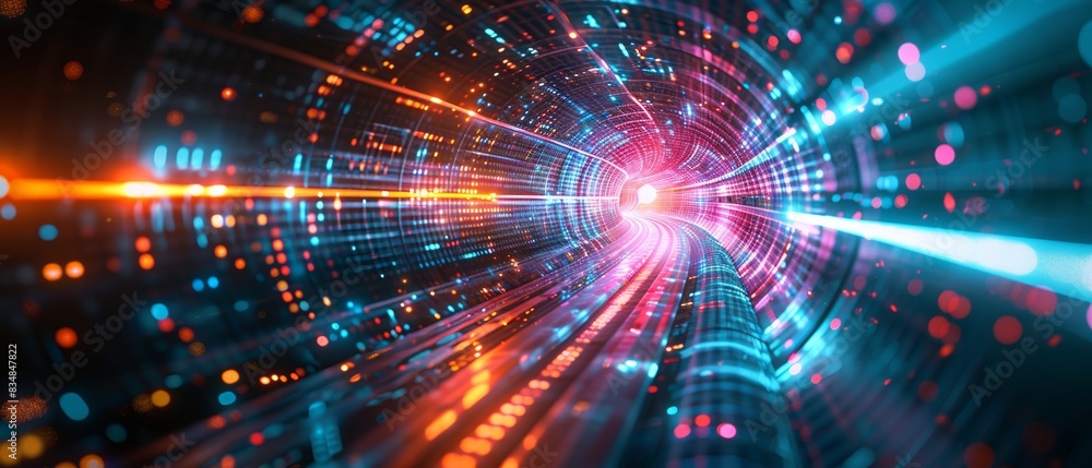 Poster abstract digital tunnel with data flow and futuristic lights, representing technology, innovation, a
