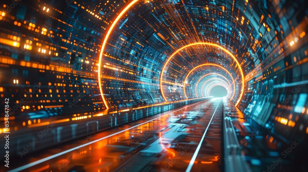 Poster abstract digital tunnel with futuristic lights and data flow, representing technology, innovation, a