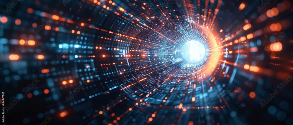 Poster abstract technology tunnel with futuristic lights and data streams, innovation and ai concept