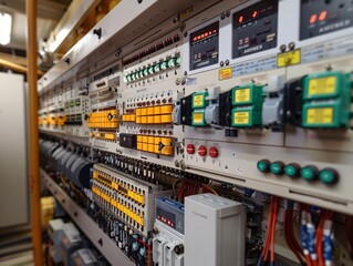 Close-up control panel with various electrical devices