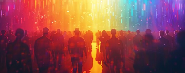 Silhouetted figures walk through a vibrant rainbow light tunnel, creating a surreal and colorful scene filled with wonder and mystery.