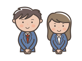 手を重ねて接客ポーすでお出迎えする男女ビジネスマンの上半身イラスト_紺スーツ