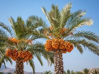 Fruit-bearing palm trees in sunlight