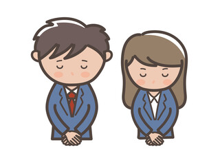 頭を下げて謝罪する男女ビジネスマンの上半身イラスト_紺スーツ