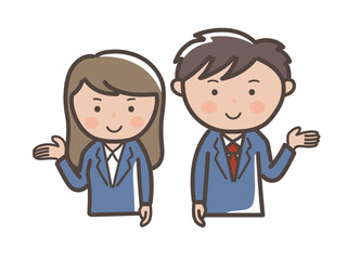 説明や案内をするスーツ姿の男女ビジネスマンの上半身イラスト_紺スーツ