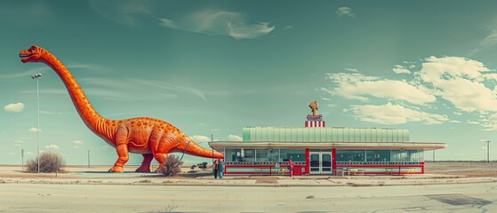Fototapeta premium Roadside attraction with a quirky giant dinosaur statue, vibrant roadside diner, and a family taking photos, iconic Americana