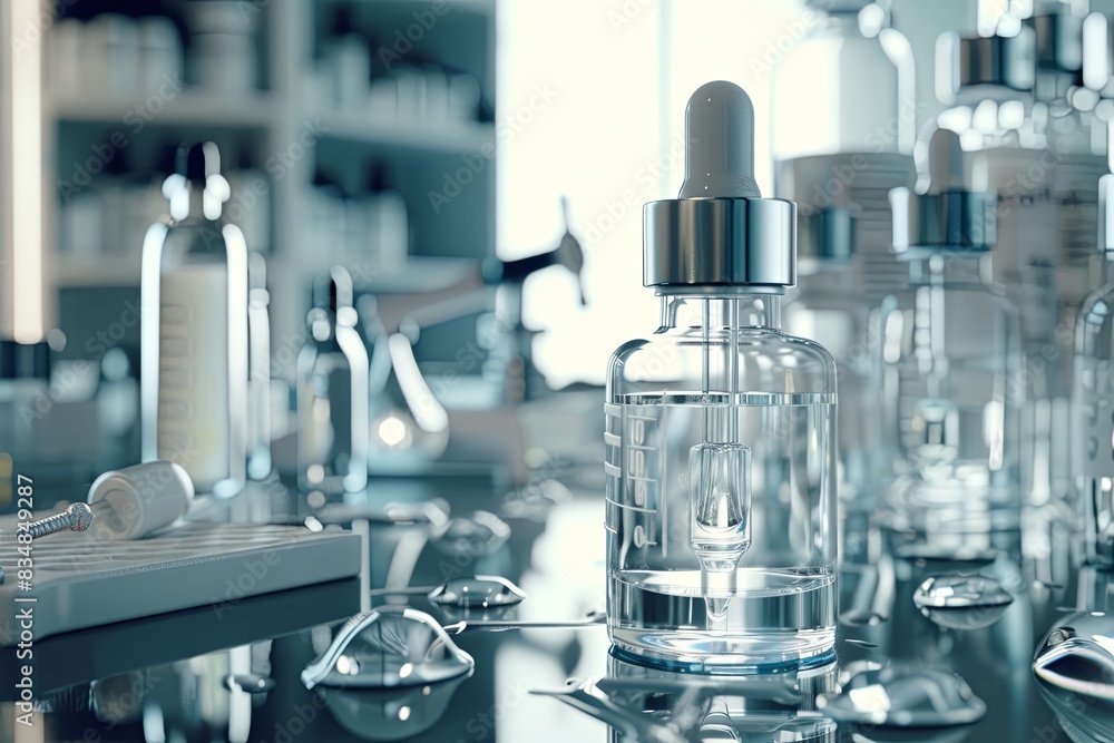 Poster A close-up shot of a glass dropper bottle filled with a clear liquid, showcasing the precise instruments used in a laboratory setting. Generative AI