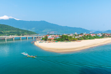 Lang Co Bay, Hue, Vietnam in the morning with a small fishing village peacefully below. It has beautiful lagoons