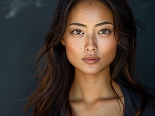 Naklejka premium Serious woman with lengthy black hair and freckled eyes