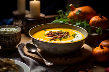 butternut squash soup, creamy, savory soup, butternut squash. generative ai