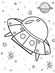 Coloring page for children on the theme of space, black and white UFO 
