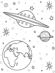 Coloring page for children on the theme of space, black and white UFO 