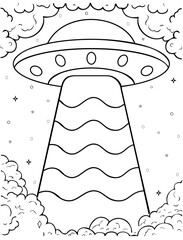 Coloring page for children on the theme of space, black and white UFO 