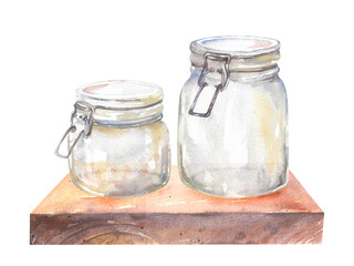 Empty glass jars with lid and lock on the shelf. Hand drawn watercolor illustration on white