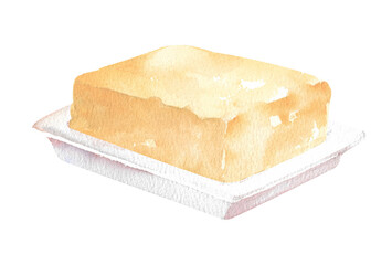 A piece of soft butter in a dish. Hand drawn watercolor illustration isolated on white background