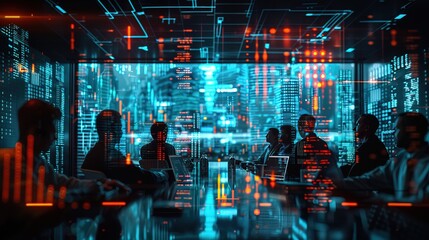 Futuristic technology concept. Team of artificial intelligence software engineers