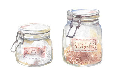 Glass jars with lid and lock of flour and cane sugar. Hand drawn watercolor illustration on white