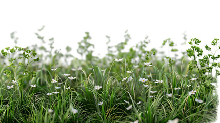 Fototapeta premium Lush Green Grass with White Flowers Isolated on Transparent Background, PNG