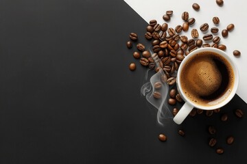 A cup of coffee with beans and a cup filled with coffee beans surrounded
