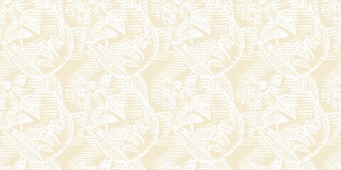 Modern white on cream lace effect wedding border texture. Soft tonal linen openwork block print with subtle hand drawn lattice damask printed fabric banner edge trim. 