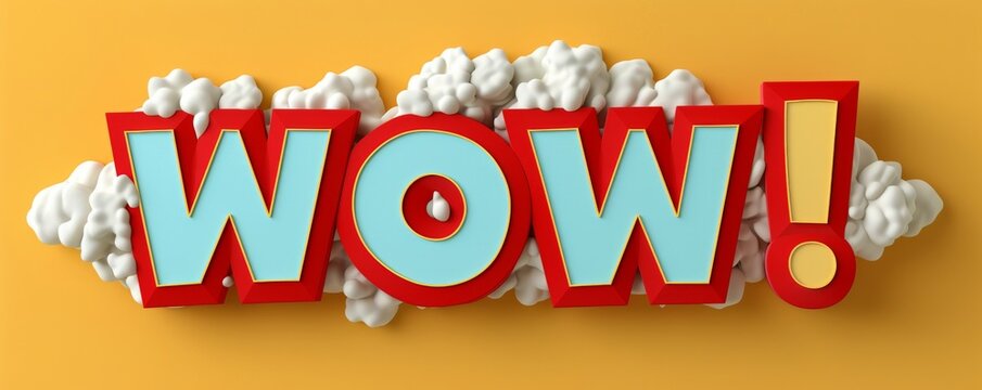 Wow text in 3D popping out of speech bubble against yellow background