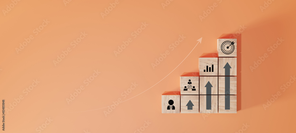 Wall mural woods block step on table with icon action plan, goal and target, success and business target concep