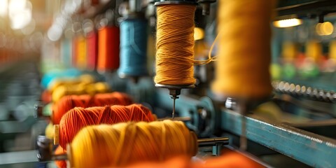 Obraz premium Industrial machine producing yarn for textile industry. Concept Textile Industry, Yarn Production, Machinery Operation, Industrial Manufacturing, Textile Technology