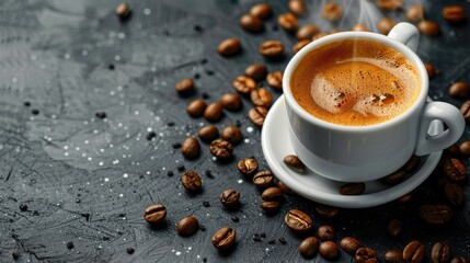 Obraz premium A cup of coffee with beans and a cup filled with coffee beans surrounded