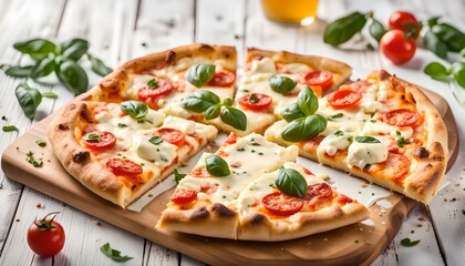 Four cheese pizza quattro fromaggi with on a white wooden board background
