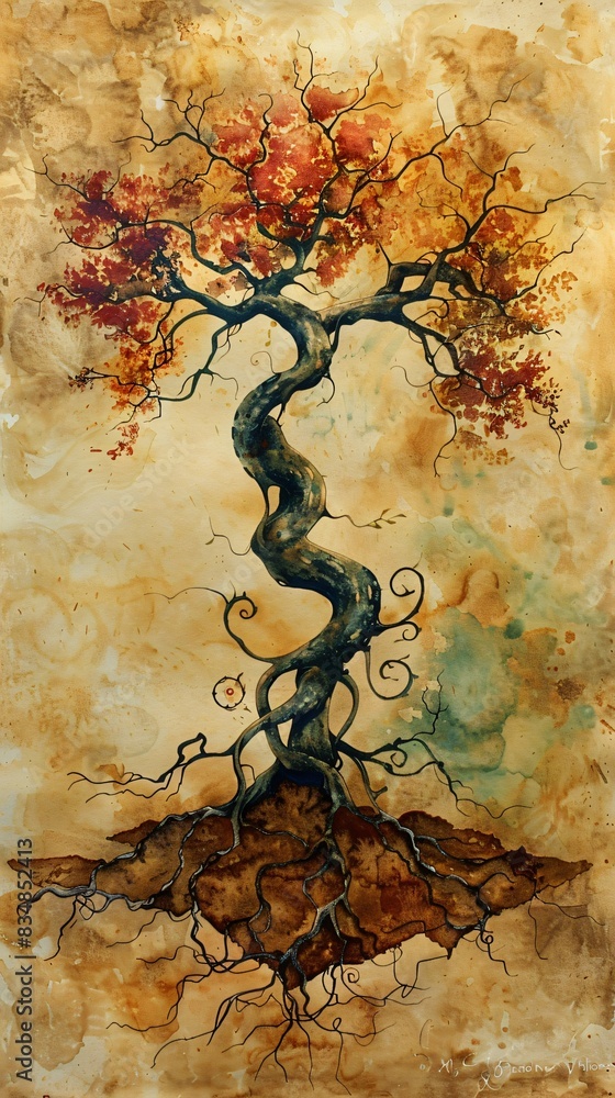 Poster a tree with a twisted and spiral trunk