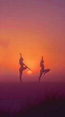 2 people performing yoga poses in nature, background gradient of orange and purple