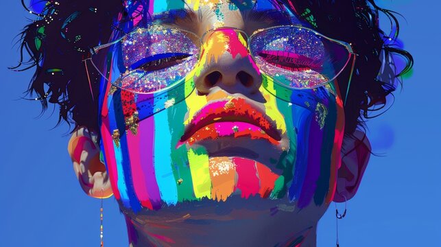 Vibrant portrait with multicolor face paint, glitter makeup, and glasses against a bright blue backdrop, capturing artistic, expressive fashion.