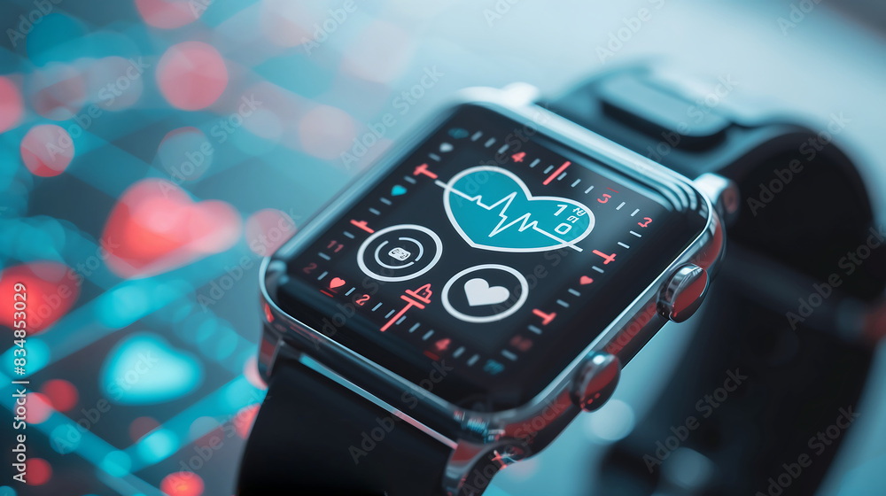 Poster smartwatch displaying heart rate and other health data in a closeup shot, with an abstract backgroun