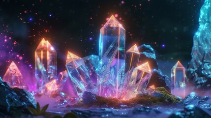 glowing crystals with a surreal aurora symbol of mindness meditation background.