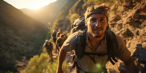 A mountain guide leading a group of hikers through rugged terrain. Concept Adventure, Mountain Climbing, Wilderness Exploration, Outdoor Activities, Teamwork
