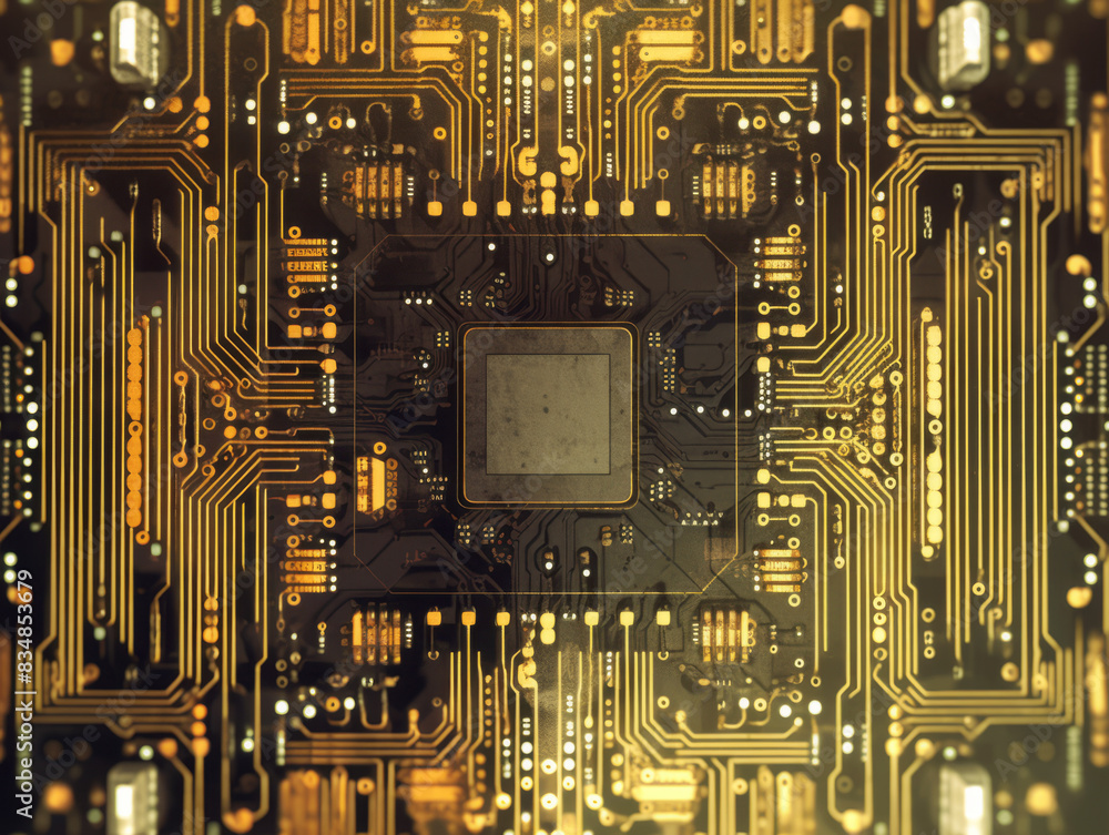 Aufkleber A close-up of a circuit board with intricate patterns, set on a dark background, symbolizing technology. Generative AI