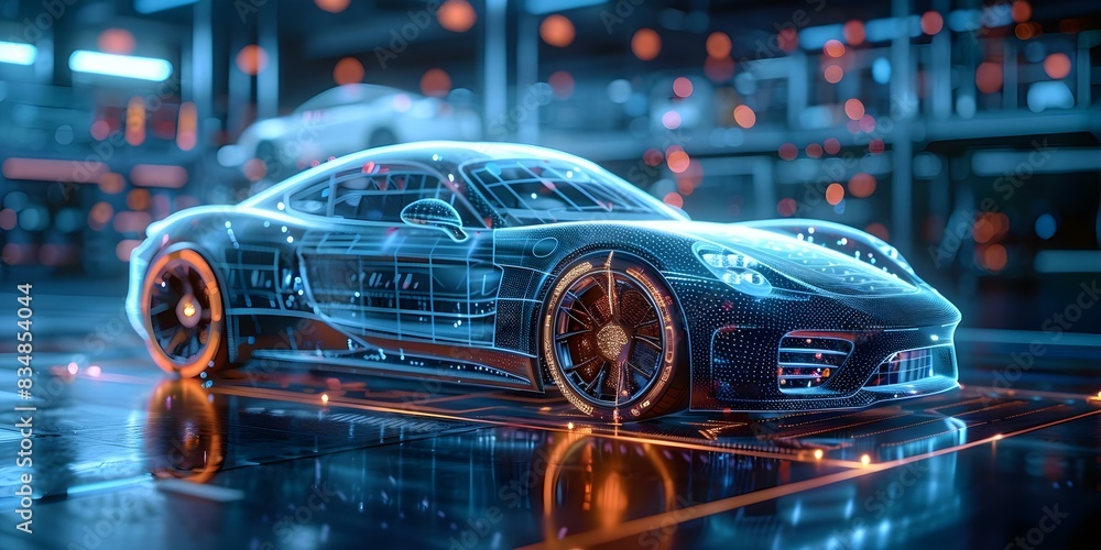 Poster futuristic hudstyle hologram scanning and analyzing car data for development in 3d. concept futurist