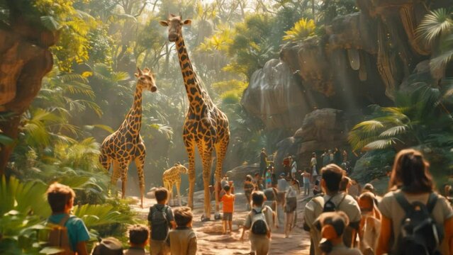 Family went to the zoo and the children were excited to see a giraffe.