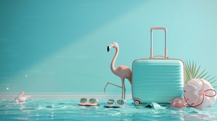 Suitcase, flamingos, water, blue background