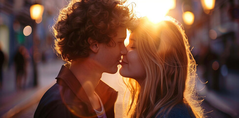 Young Couple Kissing in the City During Golden Hour