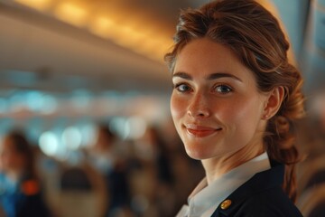 A flight attendant ensures passenger safety with professionalism and efficiency, creating a smooth travel experience.