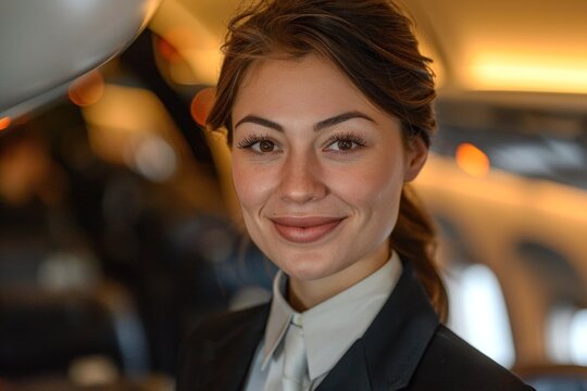 A flight attendant ensures passenger safety with professionalism and efficiency, creating a smooth travel experience.
