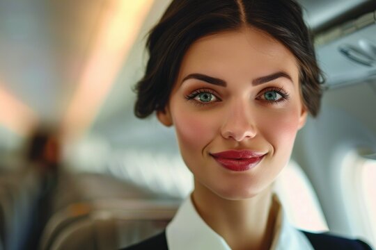 A flight attendant ensures passenger safety with professionalism and efficiency, creating a smooth travel experience.
