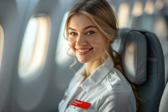 A flight attendant ensures passenger safety with professionalism and efficiency, creating a smooth travel experience.