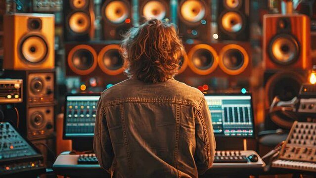 Music producer working in a recording studio.